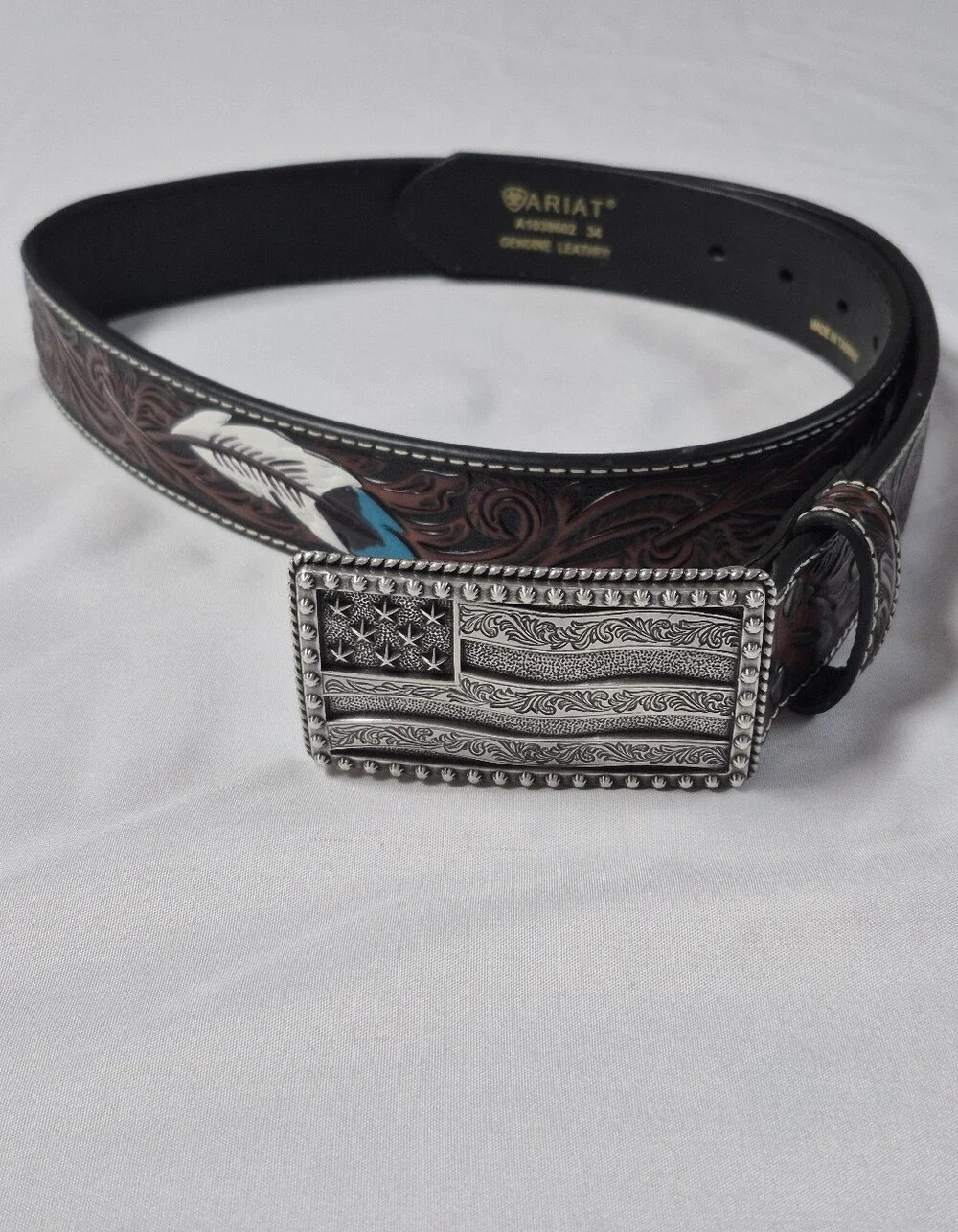 Ariat Mens Feather Floral Embossed Leather Western Belt With Justin Buckle Sz 34